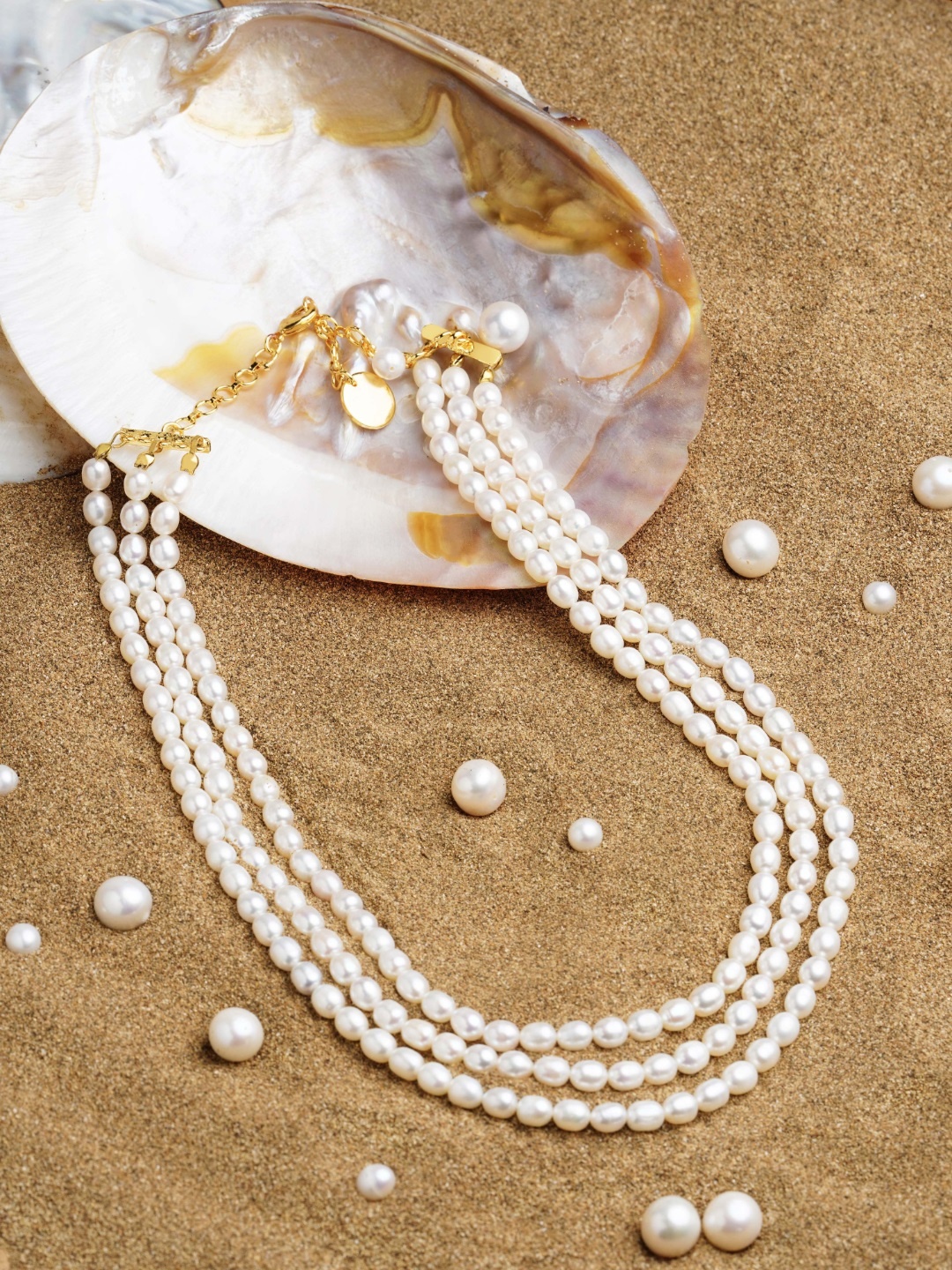 

Zaveri Pearls Off White Freshwater Rice Pearls AAA+ Quality 3 Layers Necklace, Gold