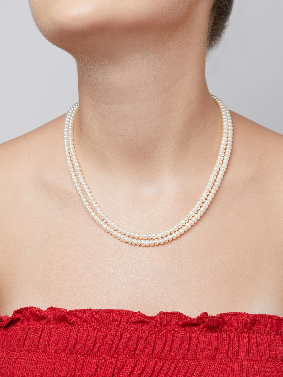 

Zaveri Pearls Off White Freshwater Button Pearls AAA+ Quality 2 Layers Necklace