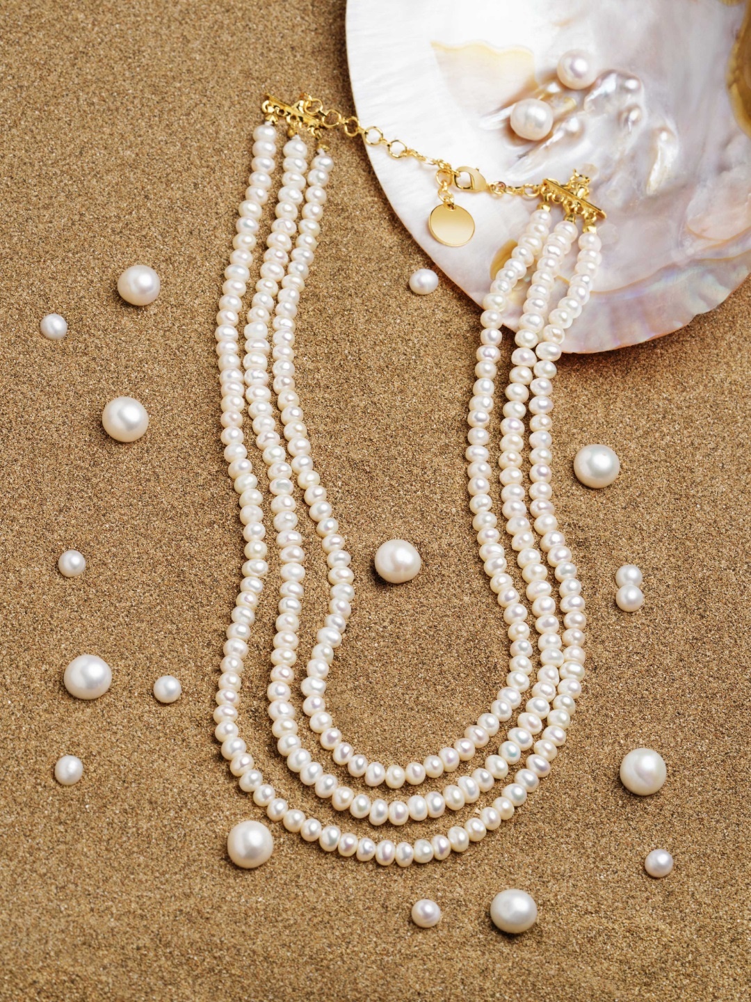 

Zaveri Pearls Off White Freshwater Button Pearls AAA+ Quality 3 Layers Necklace