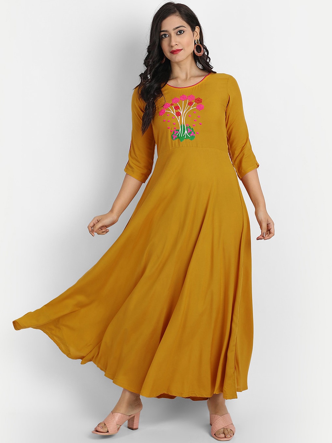 

Globon Impex Mustard Yellow Floral Embroidered Maxi Dress