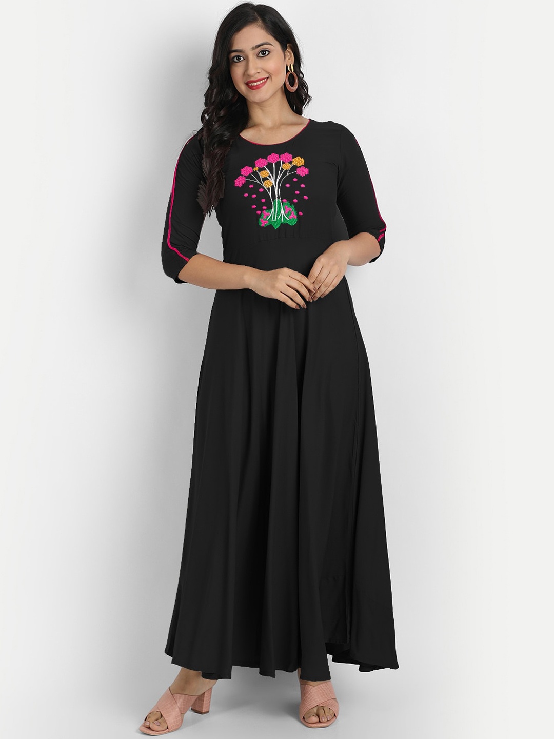 

Globon Impex Black & Pink Floral Embroidered Maxi Dress