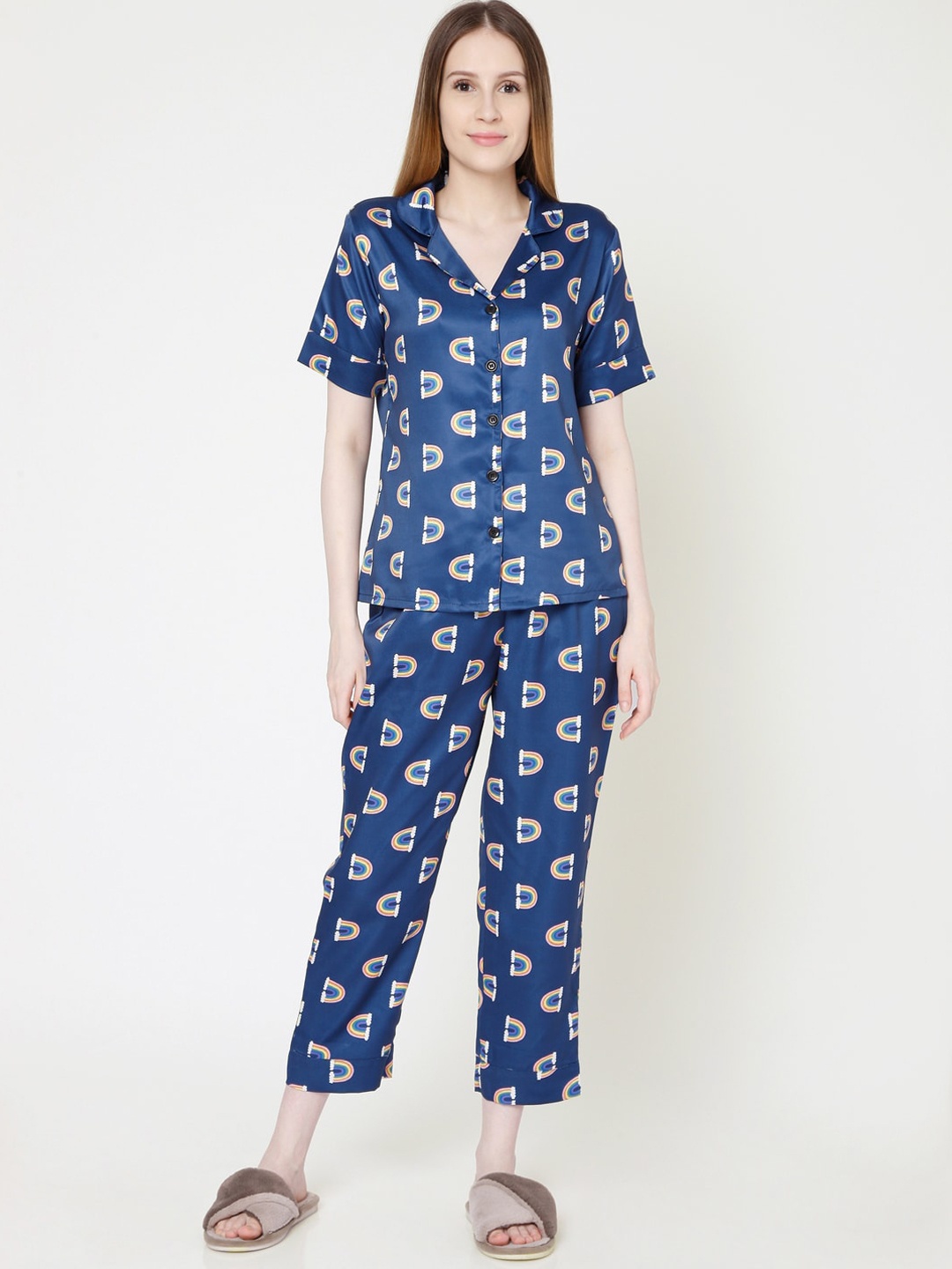 Smarty Pants Women Blue & Yellow Printed Night suit