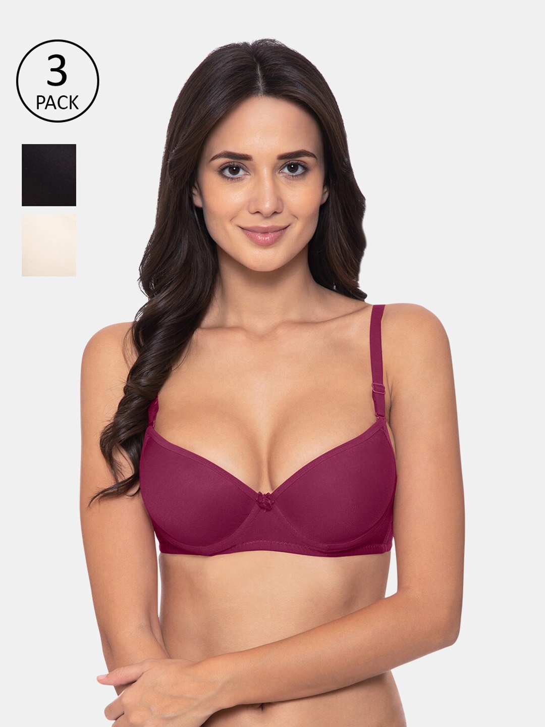 

KOMLI Magenta & Black Pack Of 3 Push-Up Bra Underwired Heavily Padded