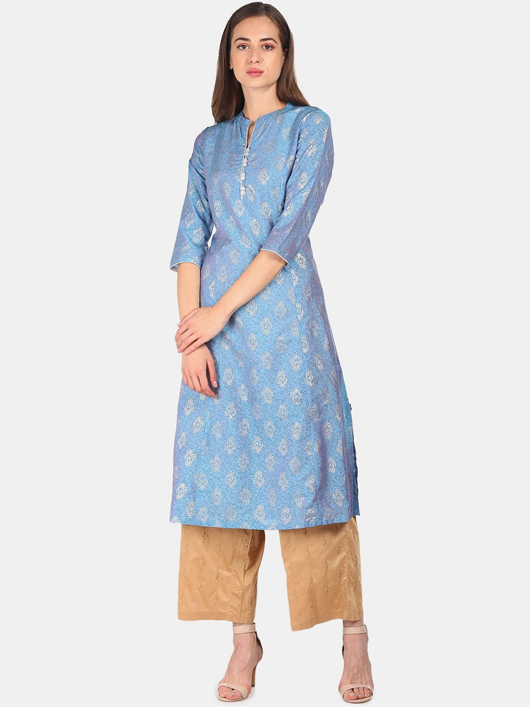 

Anahi Women Blue & Silver-Toned Ethnic Motifs Printed Straight Kurta