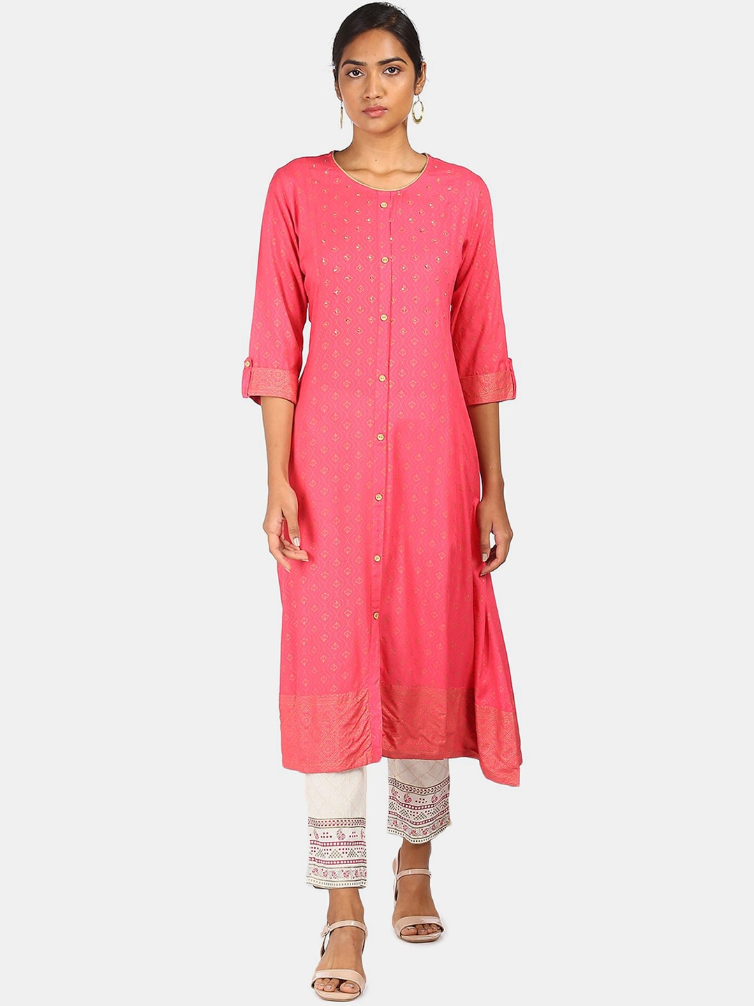 

Anahi Women Pink & Gold-Toned Printed & Embellished A-Line Kurta