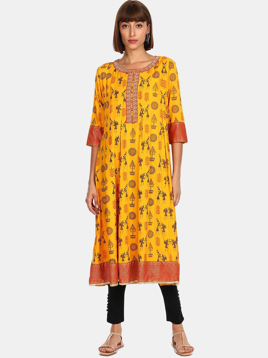 

Anahi Women Yellow & Black Warli Printed A-Line Kurta