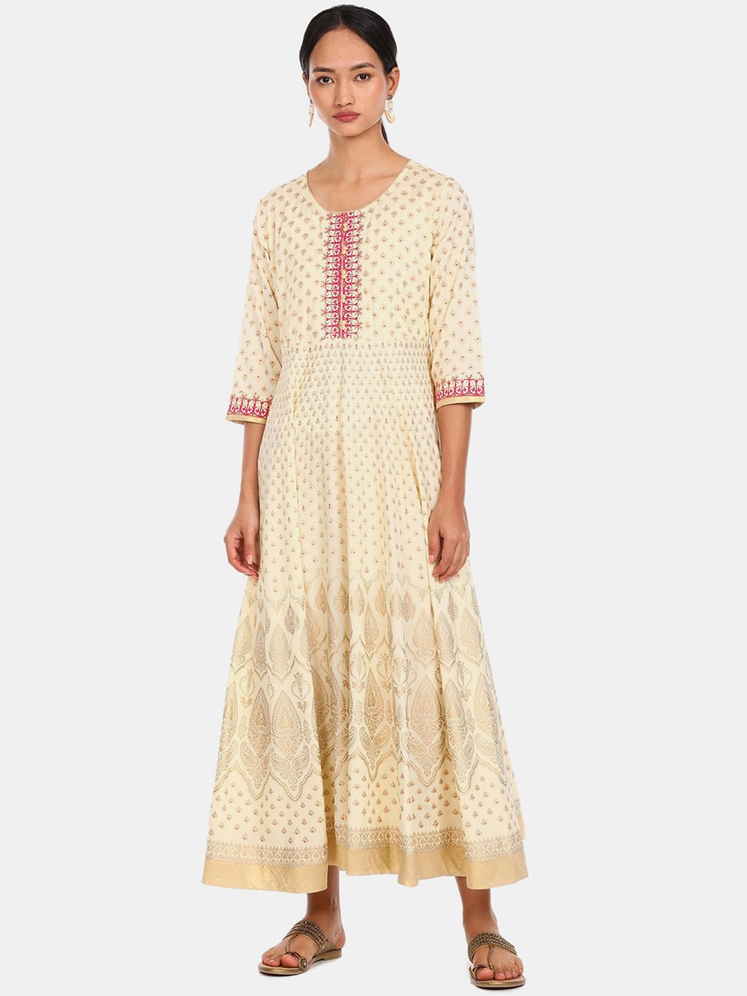 

Anahi Off White & Gold-Coloured Ethnic Motifs Printed Ethnic A-Line Midi Dress