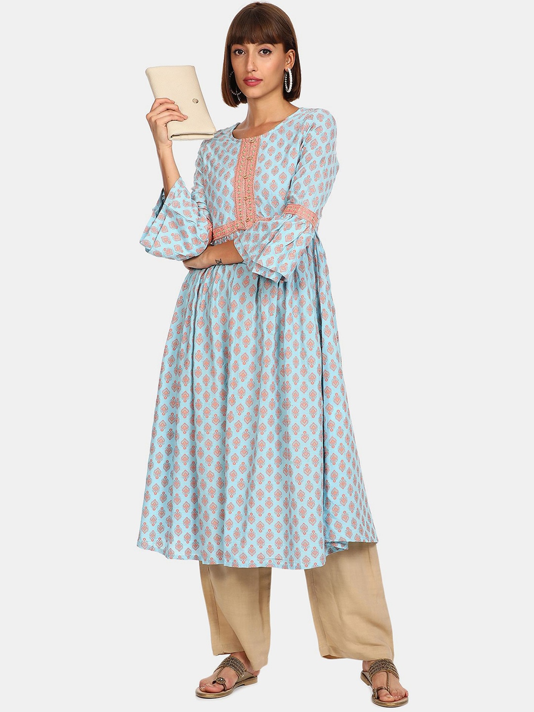 

Anahi Women Blue & Peach-Coloured Ethnic Motifs Printed Anarkali Kurta