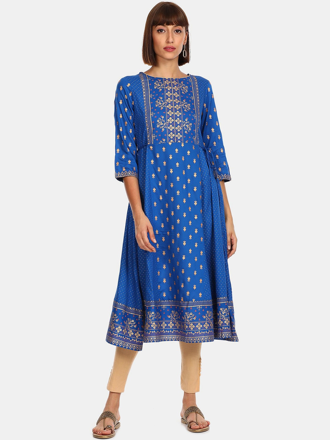 

Anahi Women Blue & Gold-Toned Ethnic Motifs Anarkali Kurta