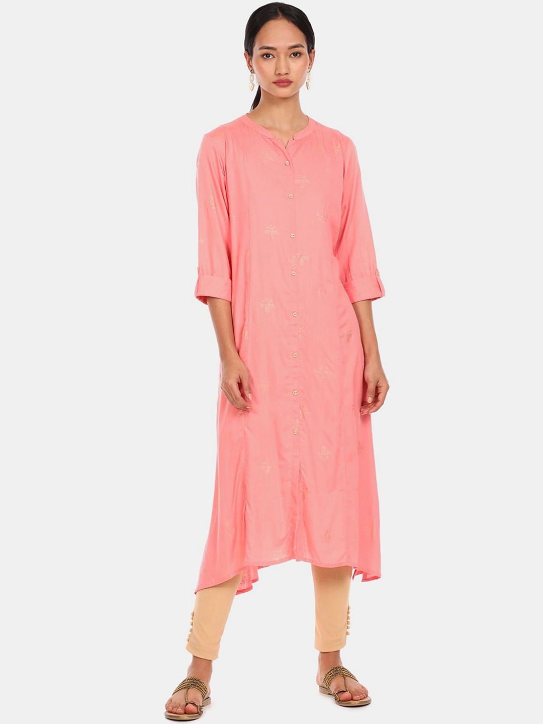 

Anahi Women Peach-Coloured & Gold-Toned Floral Printed Kurta