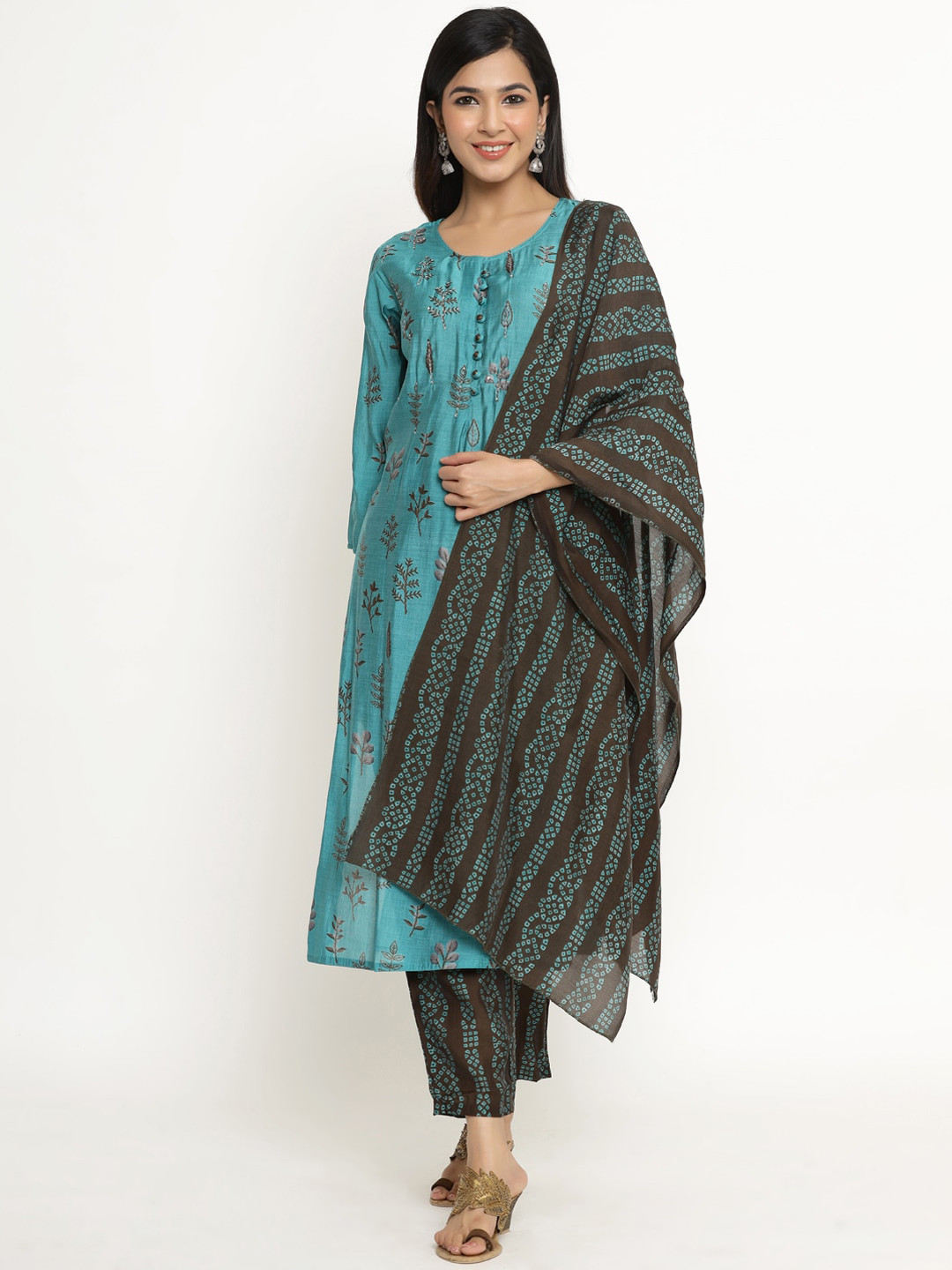 

DIVYANK Women Teal Floral Embroidered Regular Sequinned Kurta with Trousers & With Dupatta