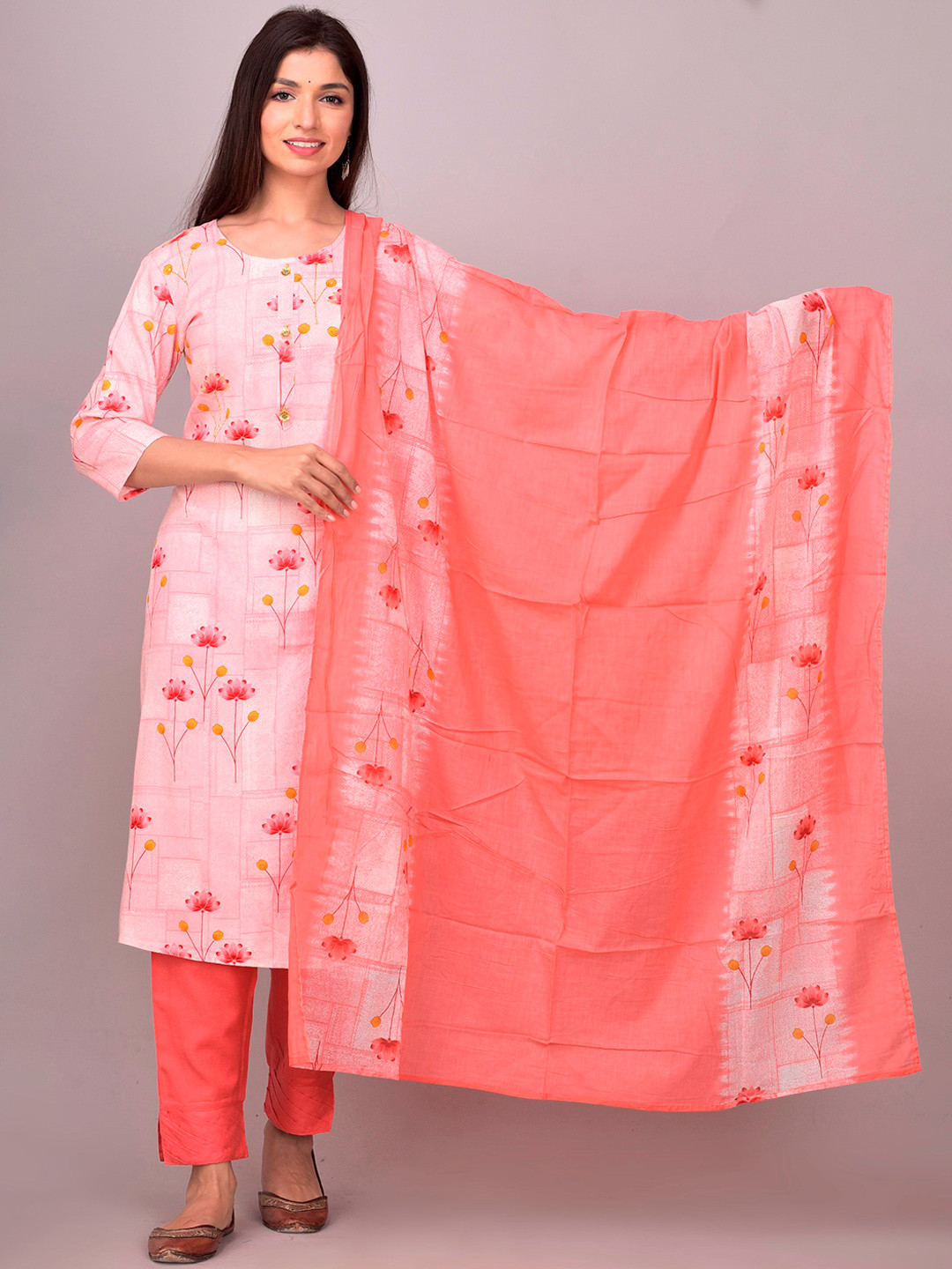 

DIVYANK Women Pink Floral Printed Regular Sequinned Kurta with Trousers & With Dupatta