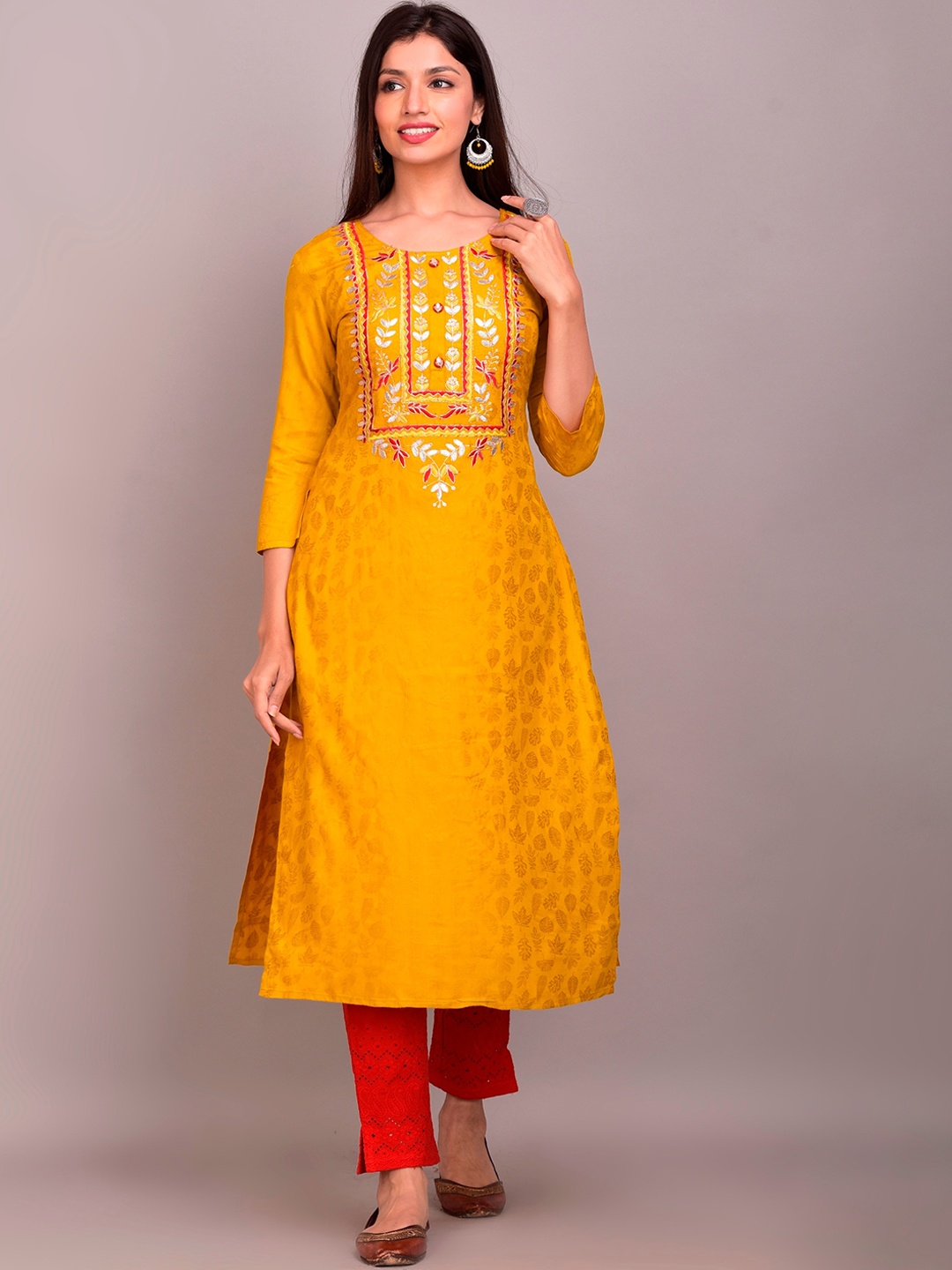 

DIVYANK Women Yellow Floral Embroidered Regular Chikankari Pure Cotton Kurta with Trousers