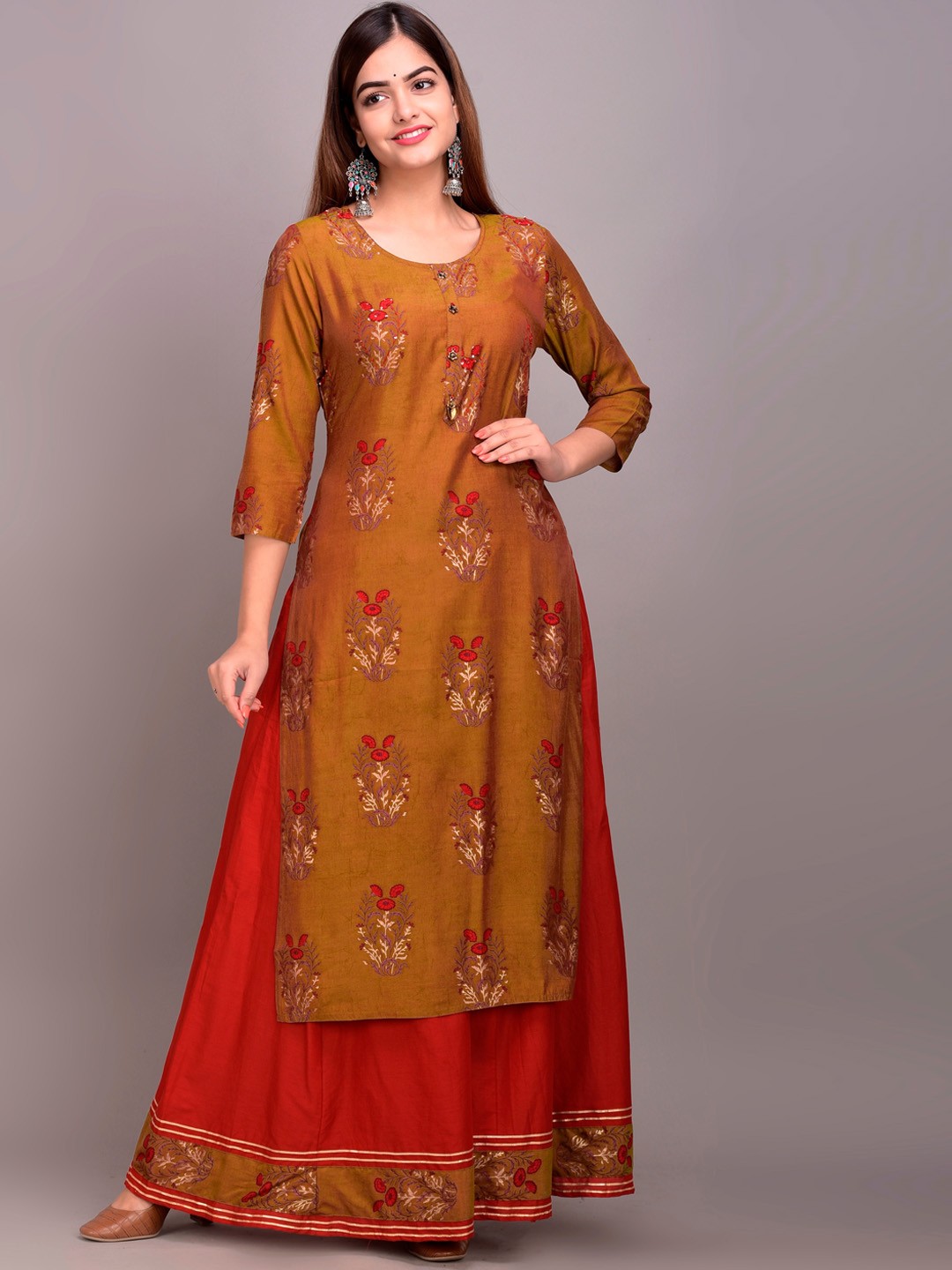 

DIVYANK Women Rust Orange Floral Embroidered Regular Sequinned Kurta with Palazzos