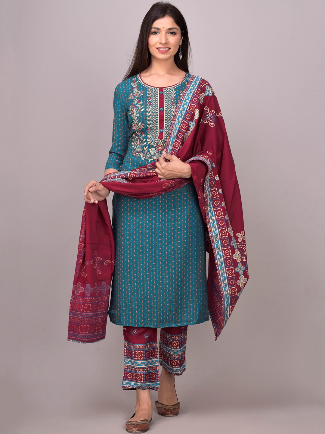 

DIVYANK Women Teal Ethnic Motifs Embroidered Regular Kurta with Trousers & With Dupatta