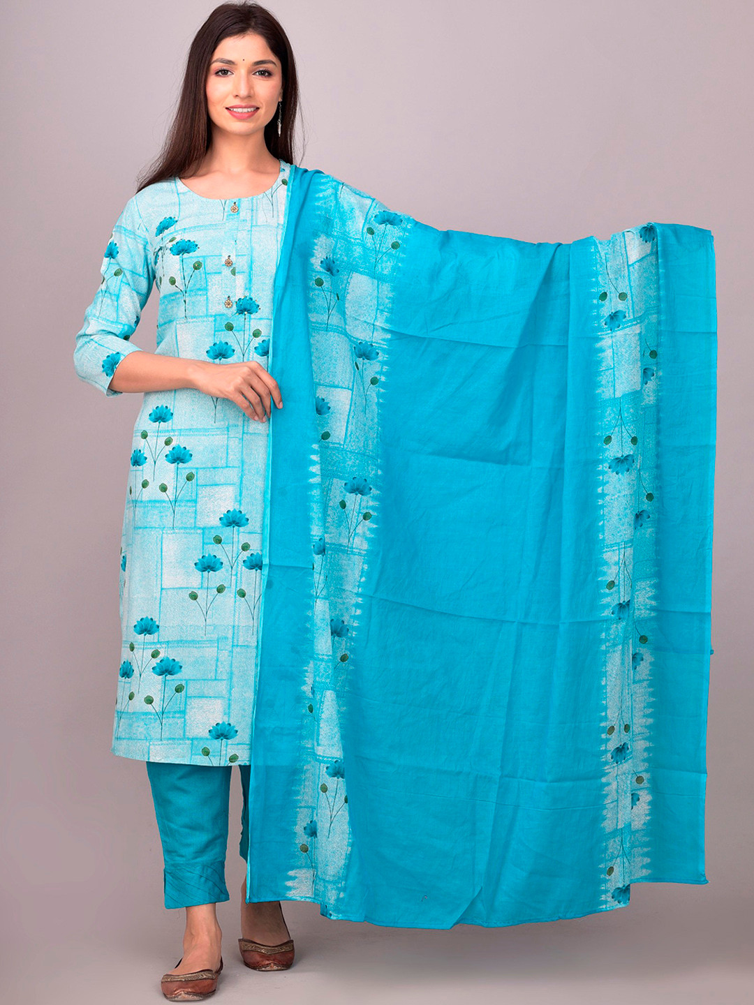 

DIVYANK Women Blue Floral Printed Regular Kurta with Trousers & With Dupatta