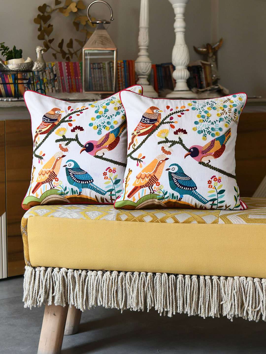 

AMOROSA White & Brown Set of 2 Floral Square Cushion Covers