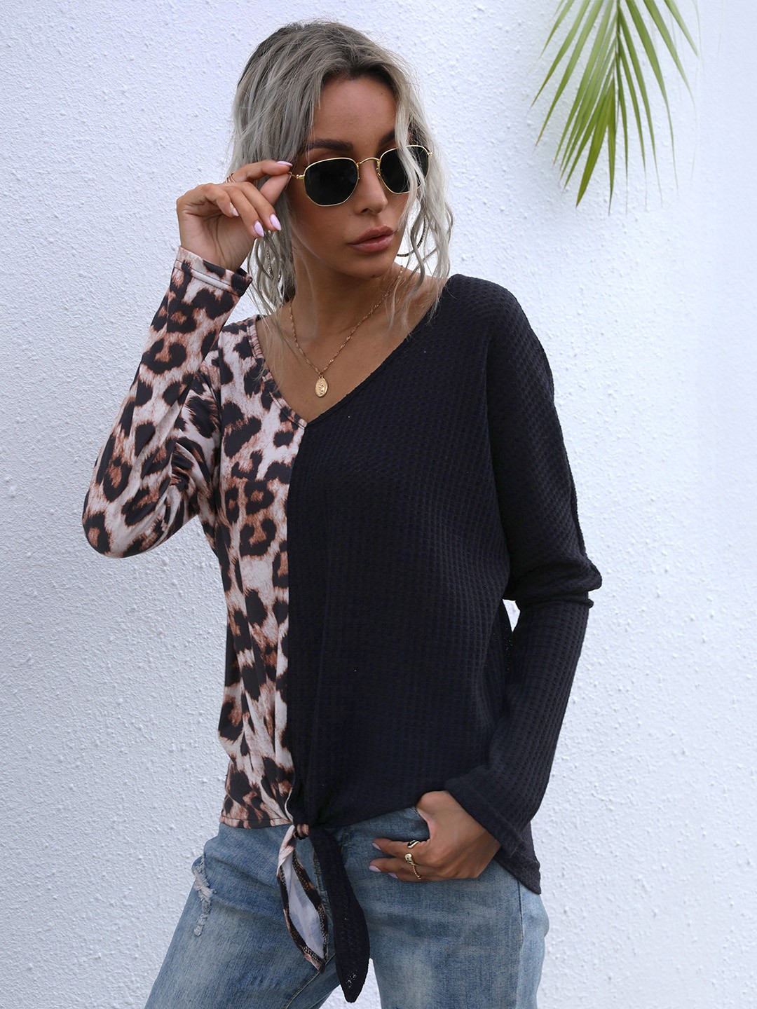 

URBANIC Black & Beige Animal Printed Colourblocked Regular Top
