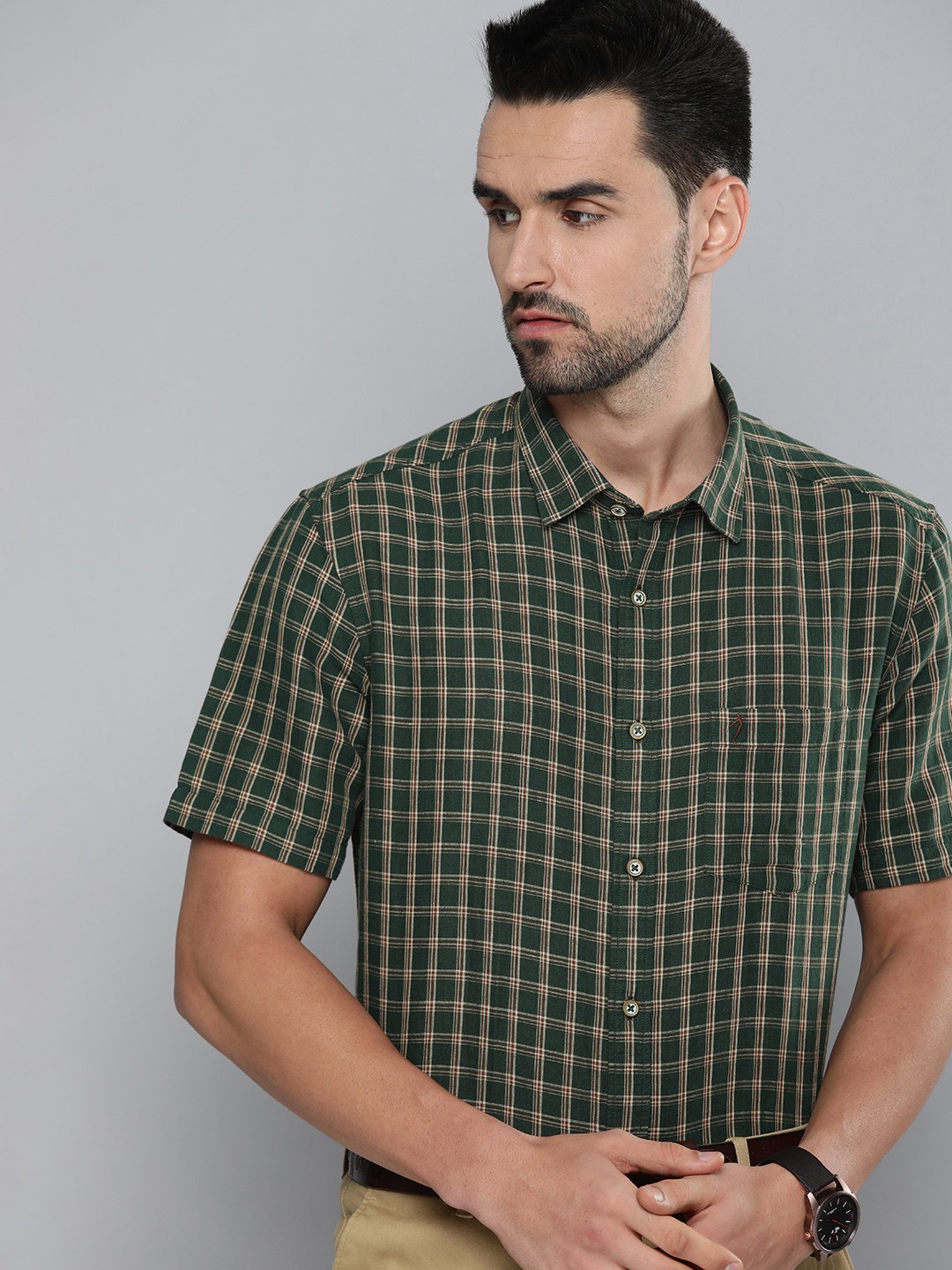 

Indian Terrain Men Green & Brown Slim Fit Checked Casual Shirt