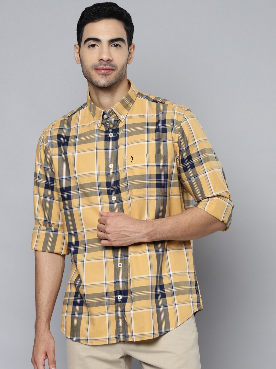 

Indian Terrain Men Mustard Yellow Slim Fit Pure Cotton Tartan Checked Casual Shirt