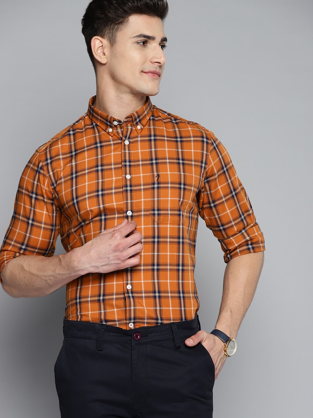 

Indian Terrain Men Orange Pure Cotton Slim Fit Tartan Checks Casual Shirt