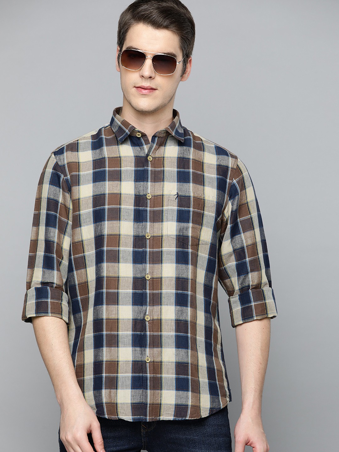 

Indian Terrain Men Navy Blue & Brown Linen Cotton Slim Fit Tartan Checked Casual Shirt