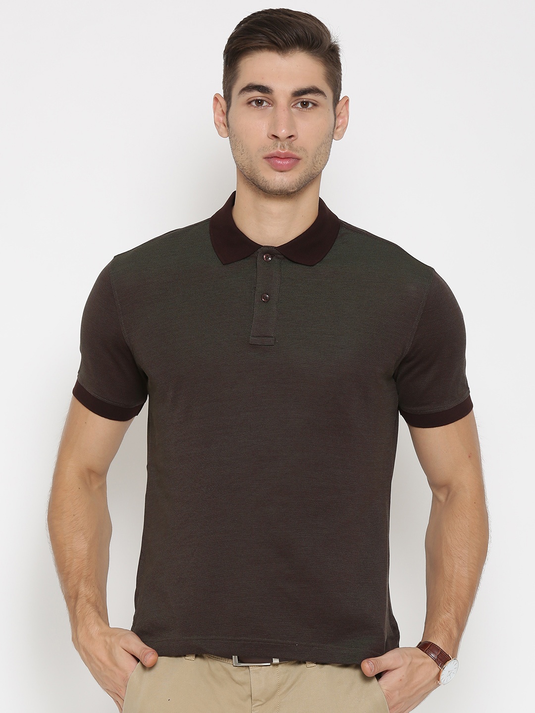 

Wills Lifestyle Men Coffee Brown Dual-Toned Slim Fit Polo Collar Pure Cotton T-shirt