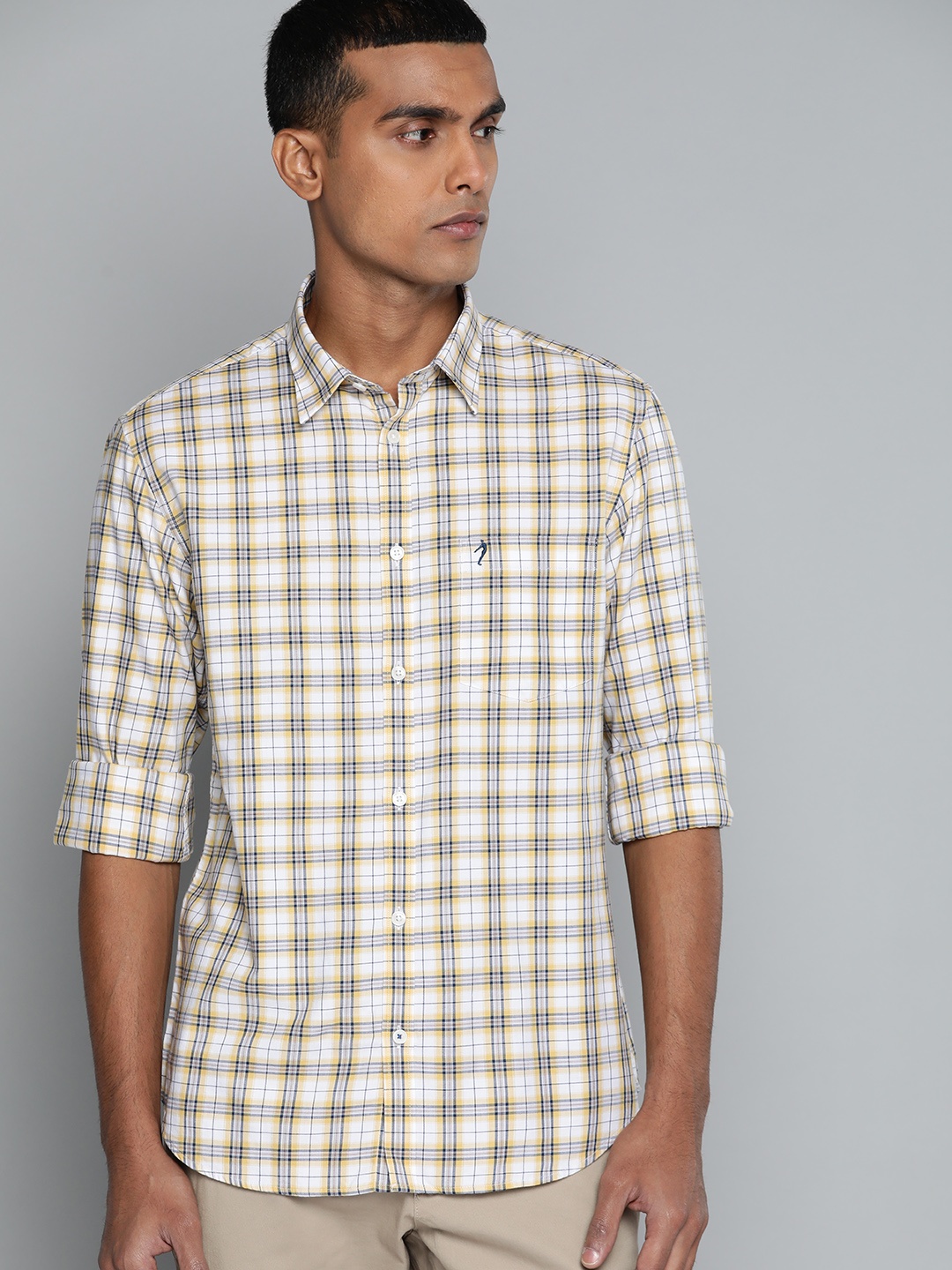 

Indian Terrain Men Yellow Pure Cotton Slim Fit Checked Casual Shirt