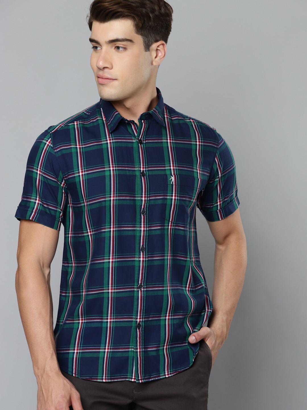 

Indian Terrain Men Navy Blue Pure Cotton Slim Fit Windowpane Checks Casual Shirt