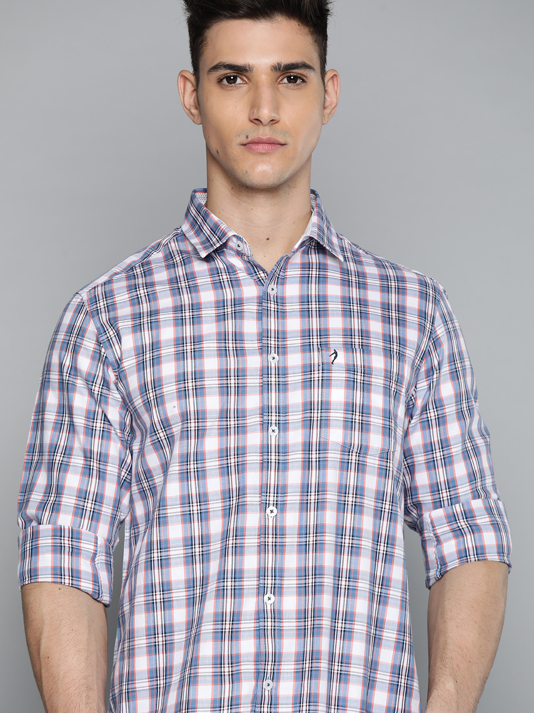 

Indian Terrain Men White & Blue Pure Cotton Slim Fit Tartan Checks Printed Formal Shirt