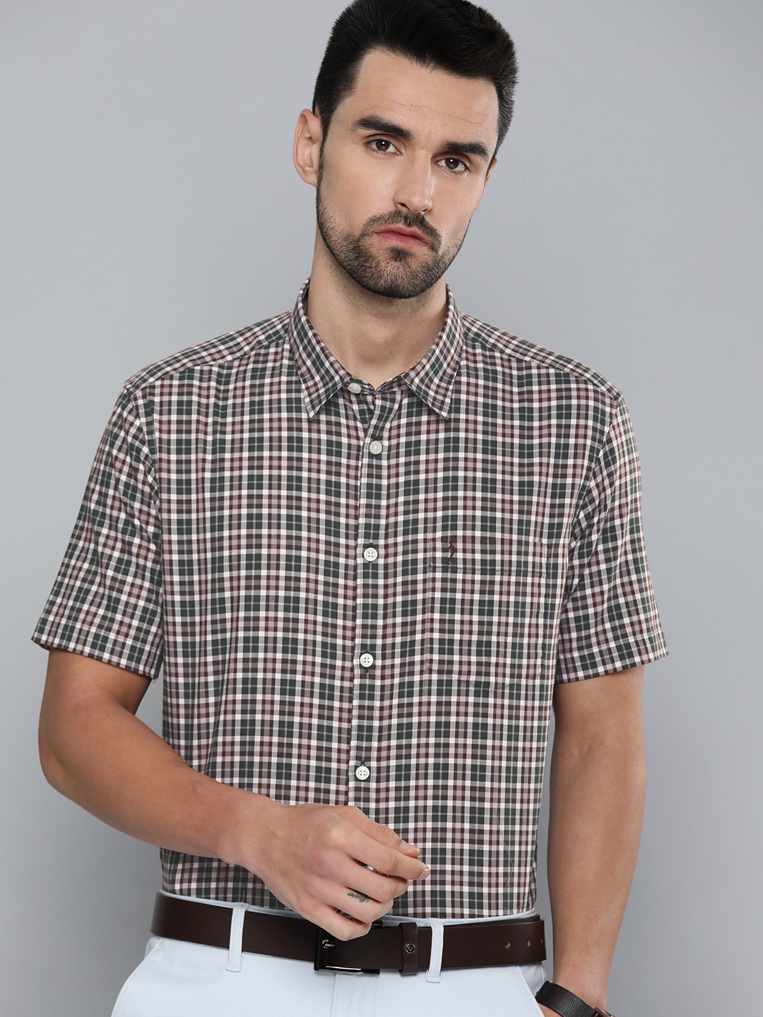 

Indian Terrain Men Green & Brown Slim Fit Checked Pure Cottton Semiformal Shirt