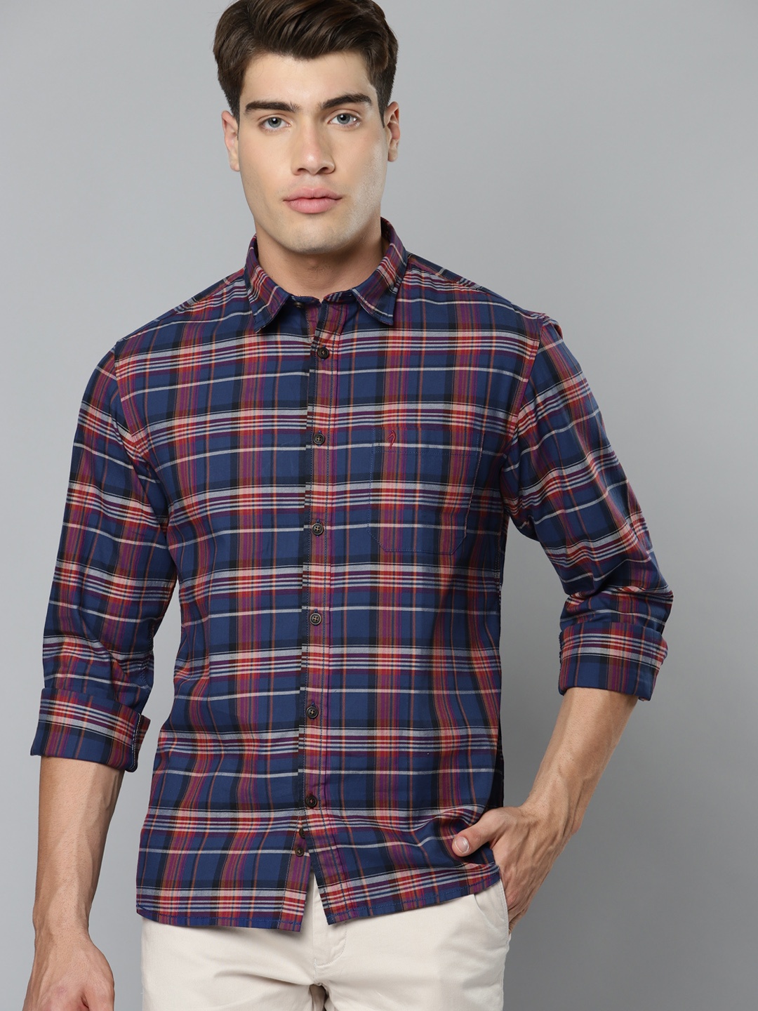 

Indian Terrain Men Navy Blue & Magenta Organic Cotton SlimFit Tartan Checks Casual Shirt