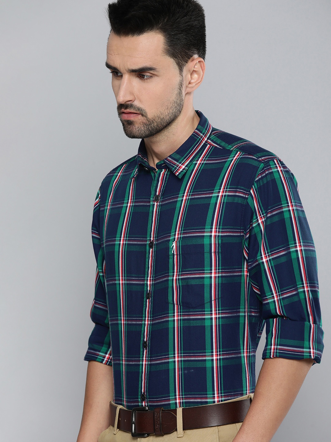 

Indian Terrain Men Blue & Green Slim Fit Checked Pure Cotton Casual Shirt