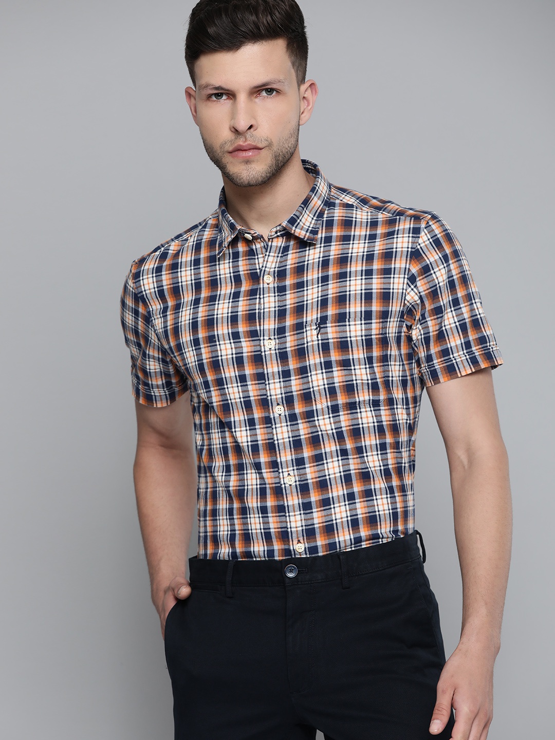 

Indian Terrain Men Navy Blue & Orange Slim Fit Tartan Checks Smart Casual Shirt