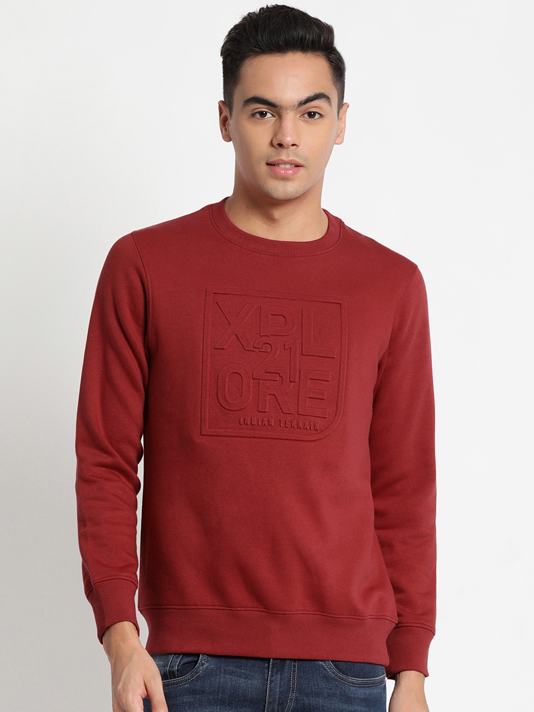 

Indian Terrain Men Maroon Embossed Sweatshirt