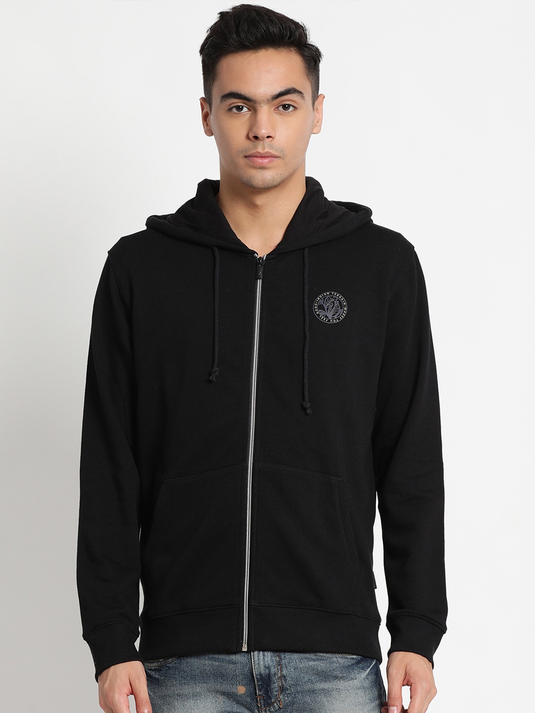 

Indian Terrain Men Black Solid Hooded Sweatshirt