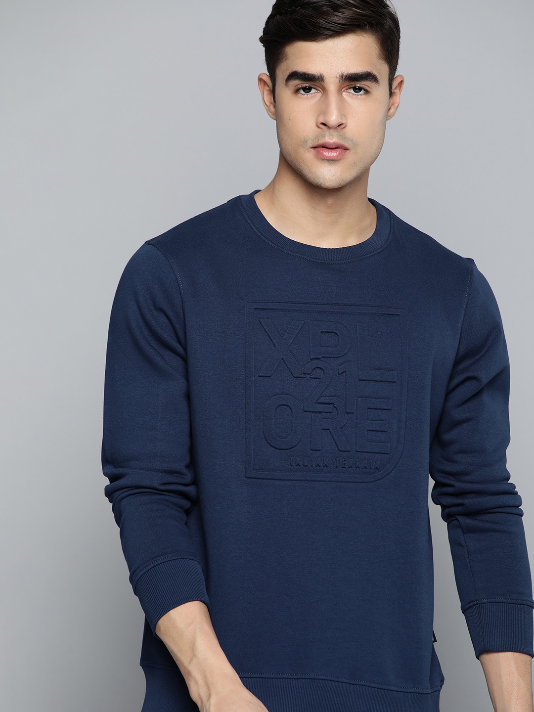 

Indian Terrain Men Navy Blue Self-Design Embossed Sweatshirt