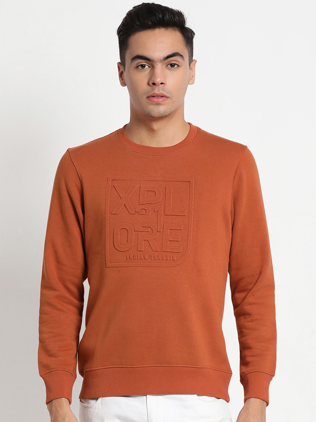 

Indian Terrain Men Rust Brown Embossed Sweatshirt