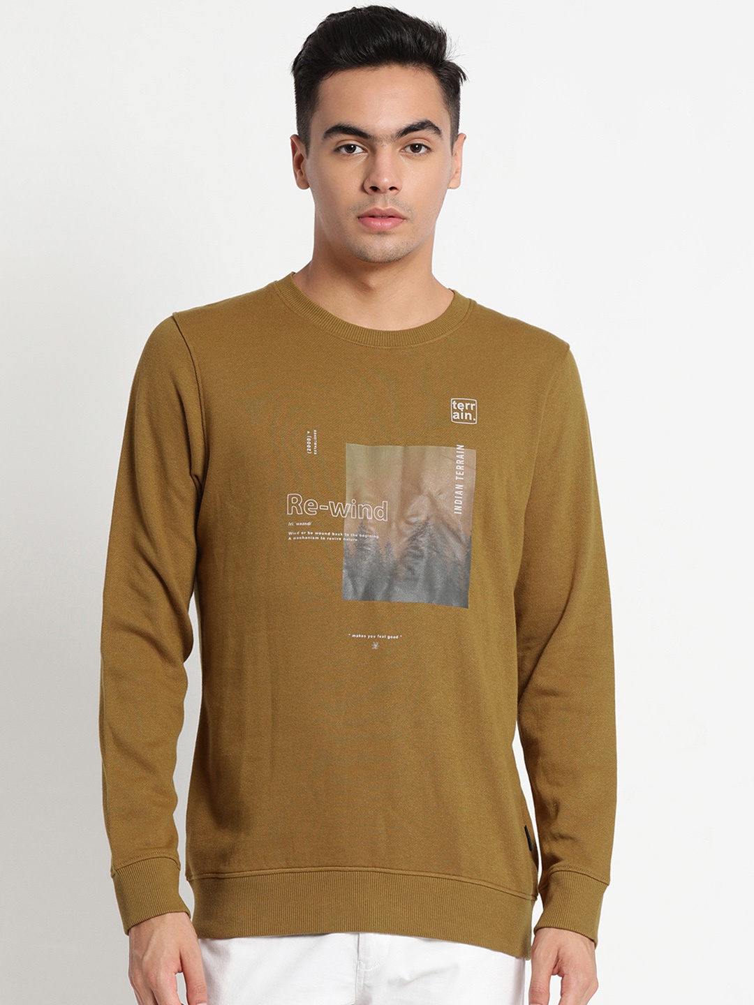 

Indian Terrain Men Mustard Brown Printed Sweatshirt