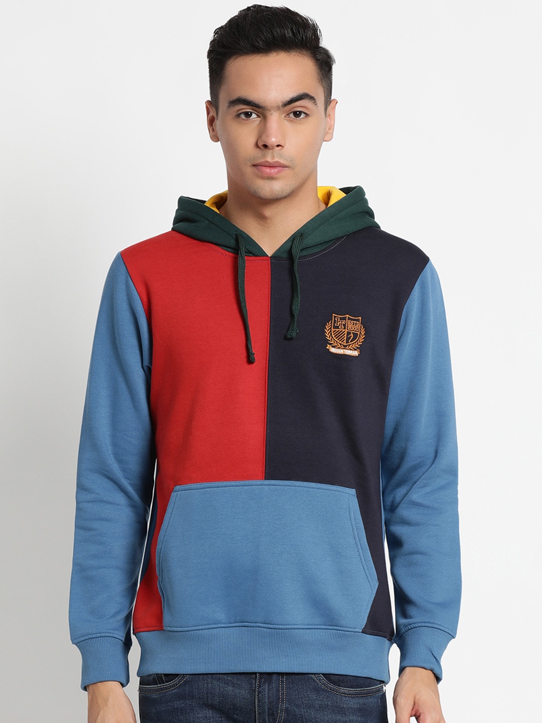 

Indian Terrain Men Navy Blue & Red Colourblocked Hooded Sweatshirt