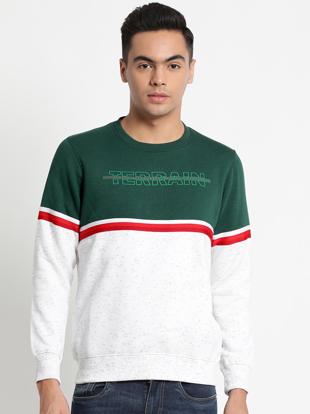 

Indian Terrain Men Green & White Colourblocked Sweatshirt