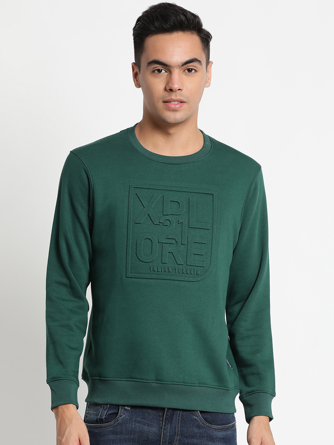 

Indian Terrain Men Green Embossed Sweatshirt