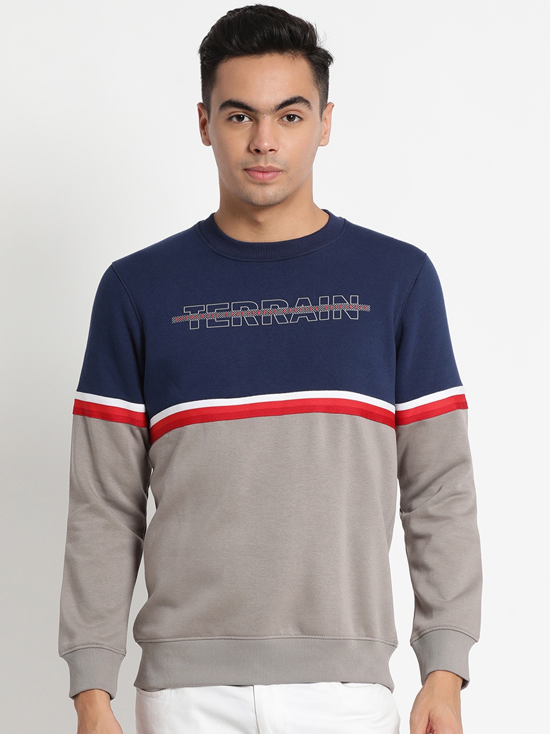 

Indian Terrain Men Grey & Navy Blue Colourblocked Sweatshirt