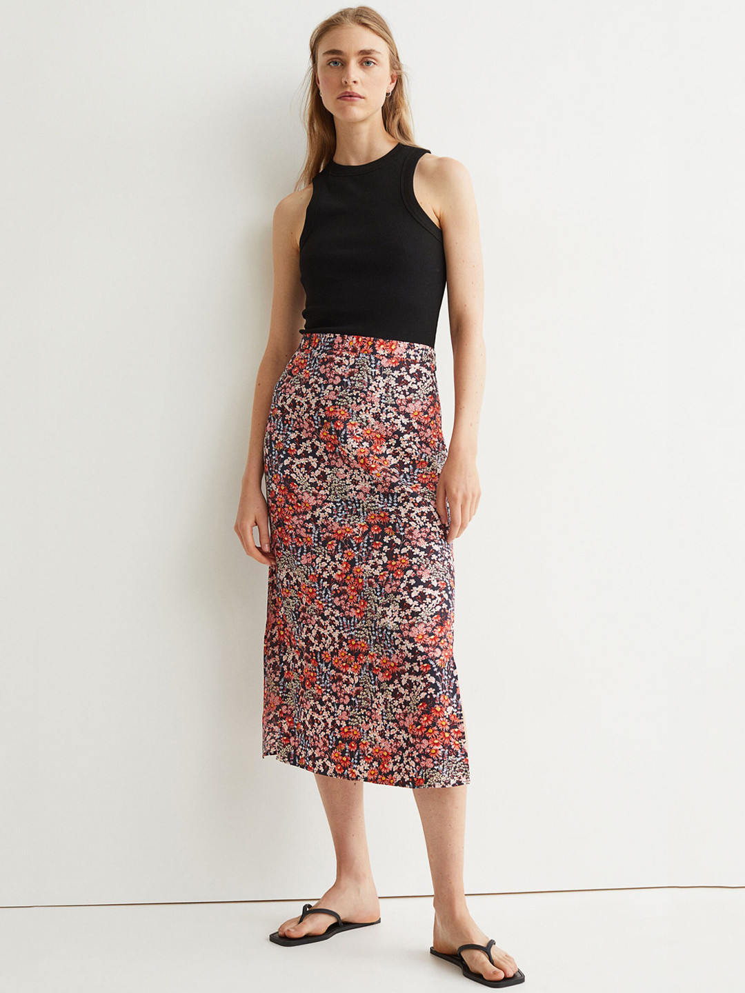 

H&M Women Multicoloured Printed Side-Slit Satin Skirt, Multi