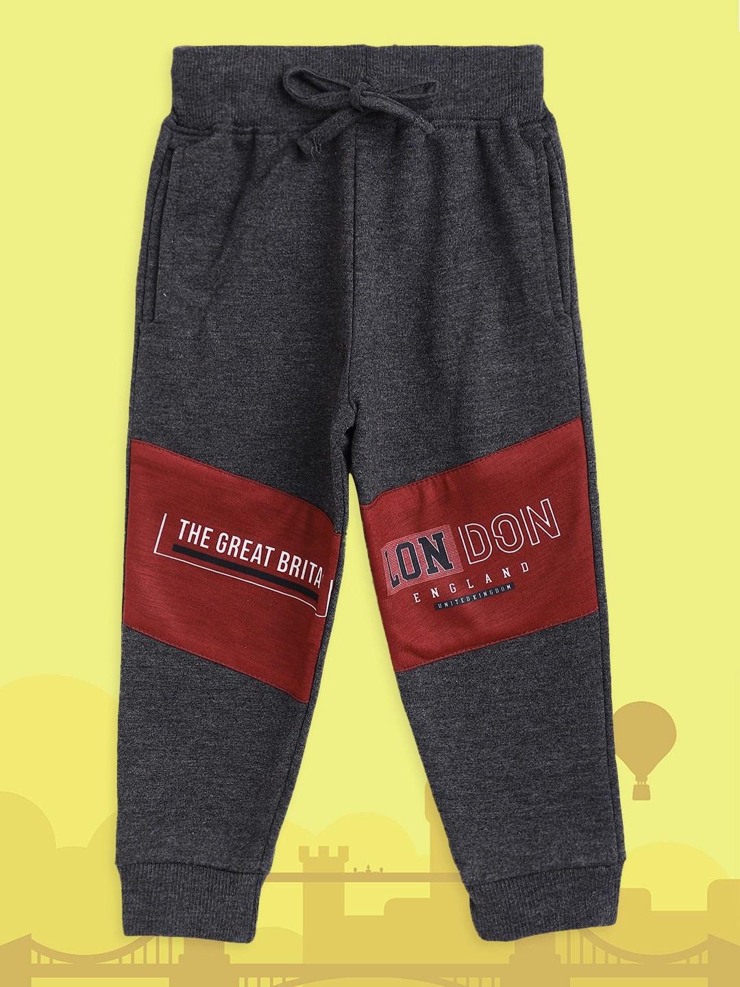 

Eteenz Boys Charcoal Grey & Maroon Colourblocked Joggers with Printed Detail