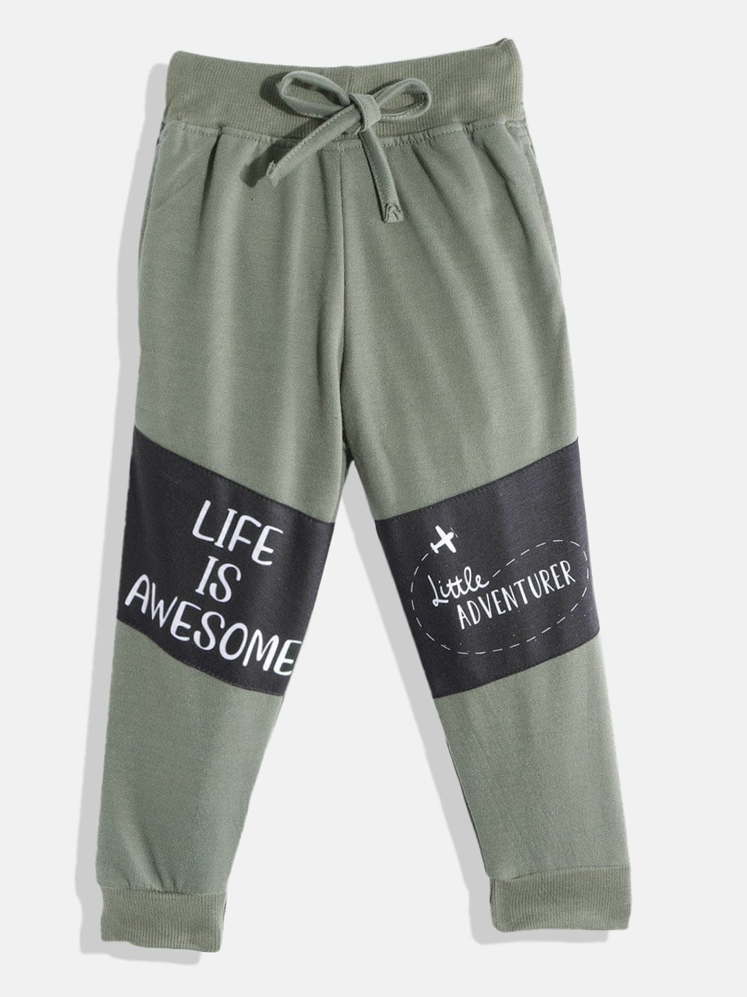 

Eteenz Boys Olive Green & Black Colourblocked & Printed Joggers