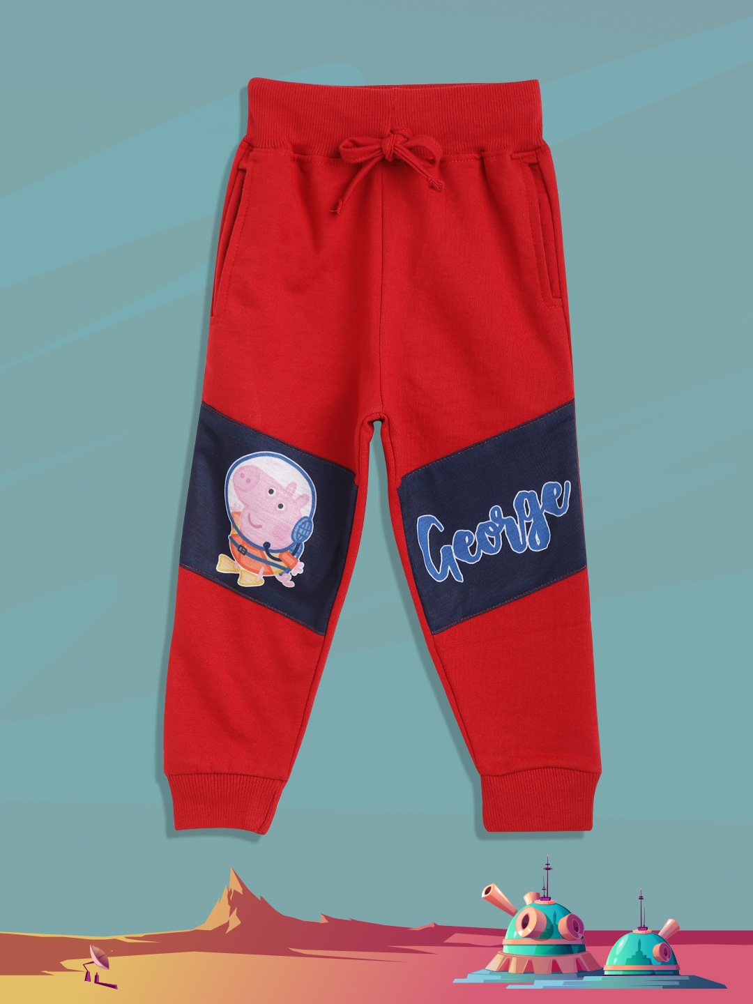

Eteenz Boys Maroon & Navy Blue Colourblocked Joggers with George Pig Print Detail
