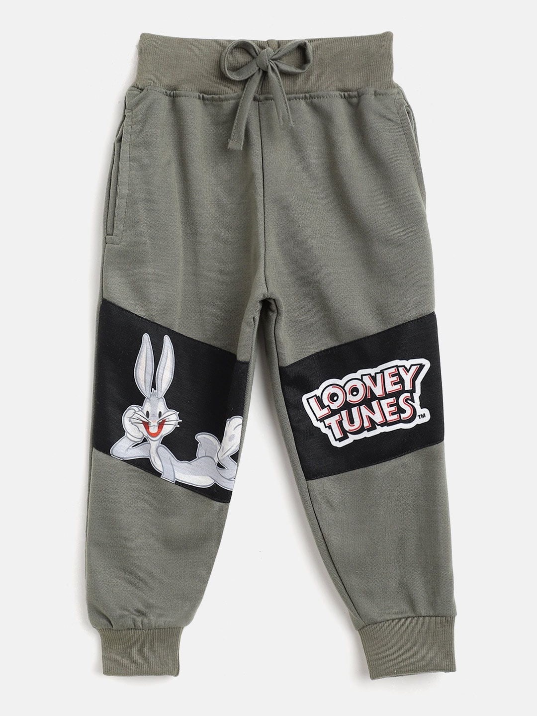 

Eteenz Boys Olive Green & Black Looney Tunes Bugs Bunny Print Cotton Joggers