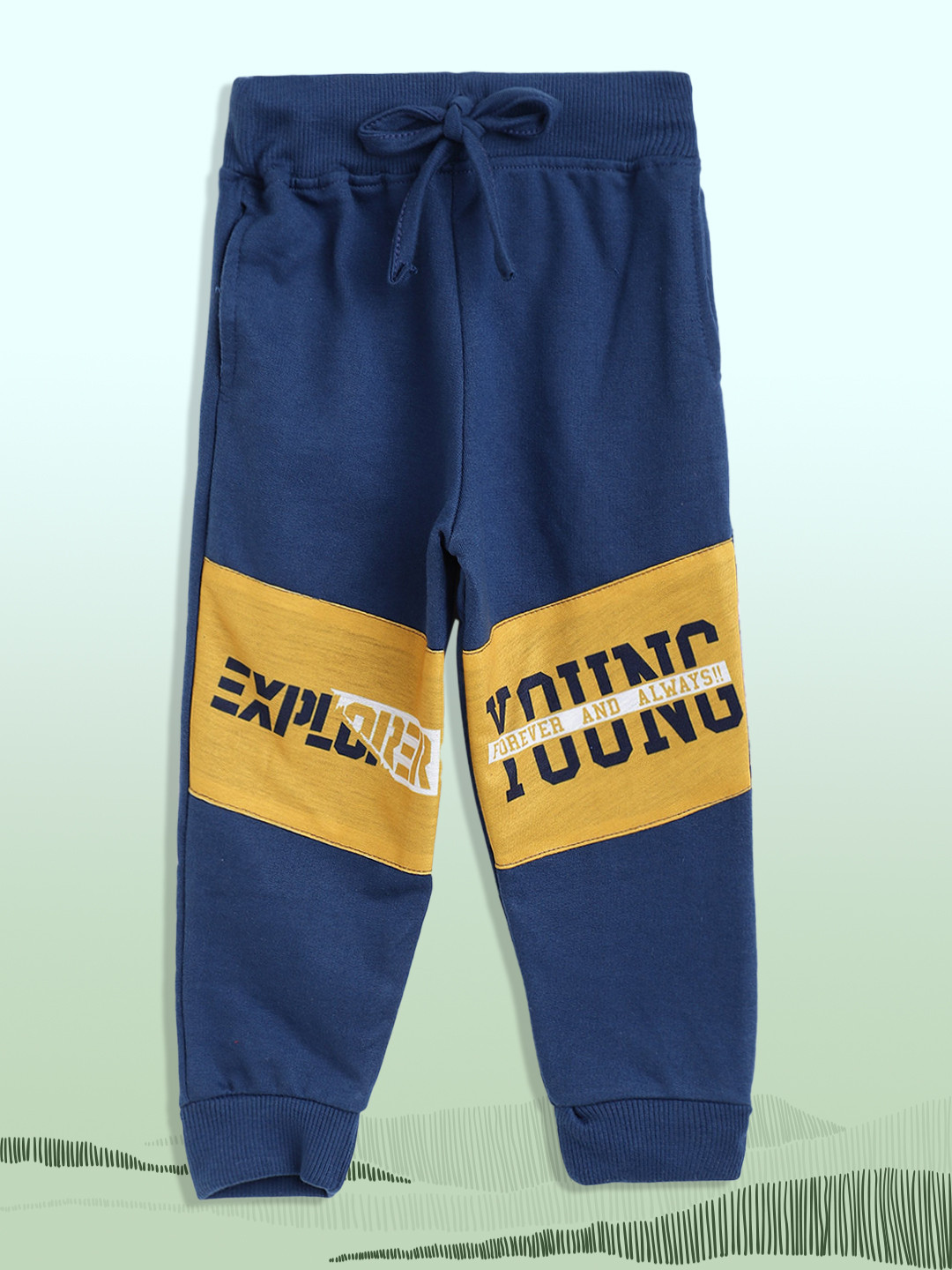 

Eteenz Boys Navy Blue & Mustard Yellow Typography Print Cotton Joggers
