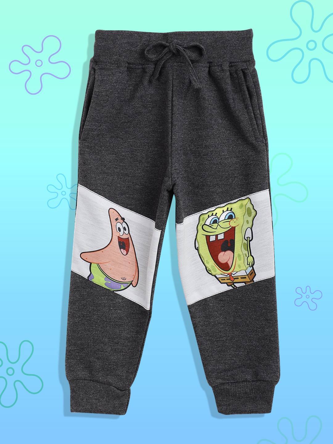 

Eteenz Boys Charcoal Grey & White Sponge Bob Printed Pure Cotton Joggers